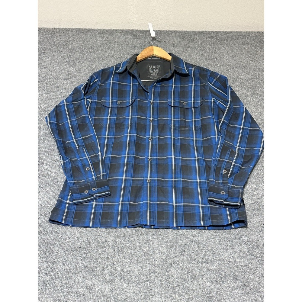 Kuhl‎ Men's Medium Blue Plaid Long Sleeve Metal Button Up Hiking Outdoors Shirt